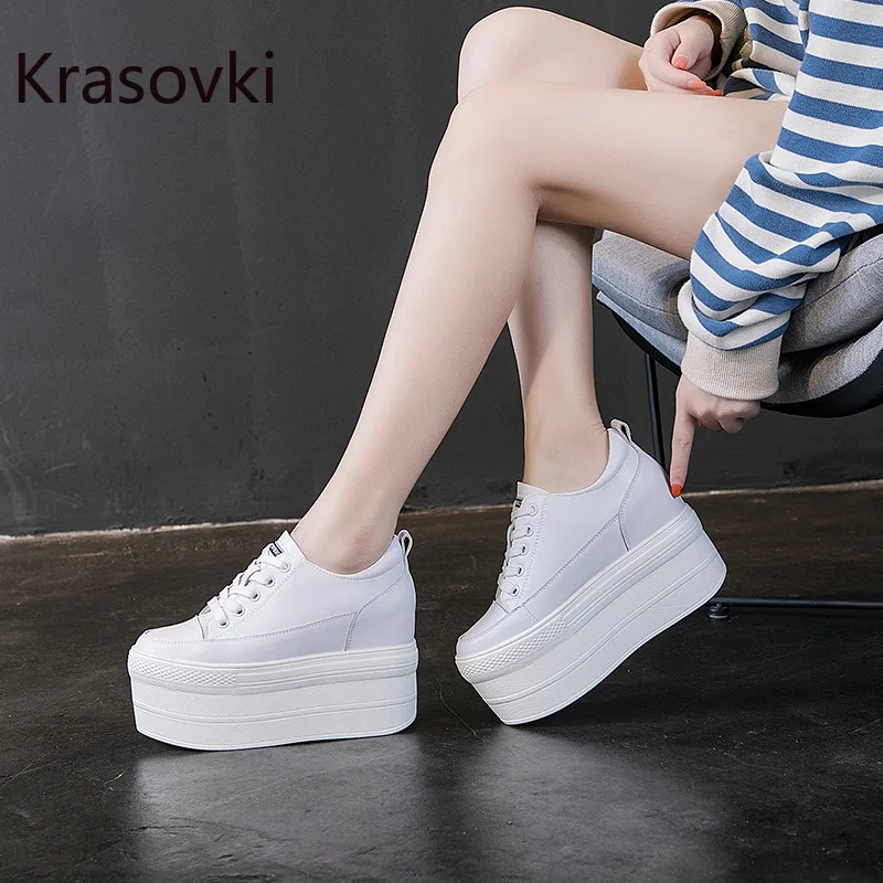 

Krasovk 12cm Increase Casual Shoes Genuine Leather Women Vulcanized Shoes Leather Platform Wedge High Heels White Shoes Lace Up