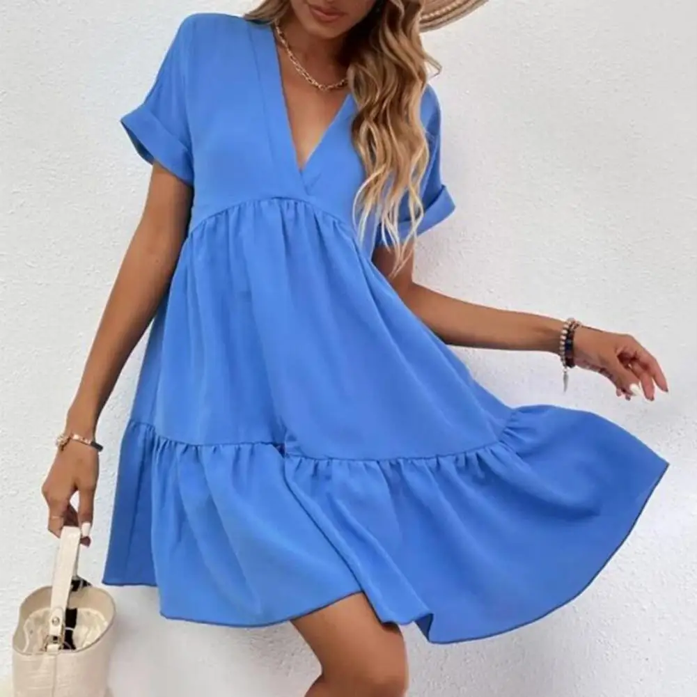 

Summer Women Dress V Neck Short Sleeves Loose A-line Big Swing Patchwork Hem Solid Color Pleated Dating Vacation Beach Mini Dres