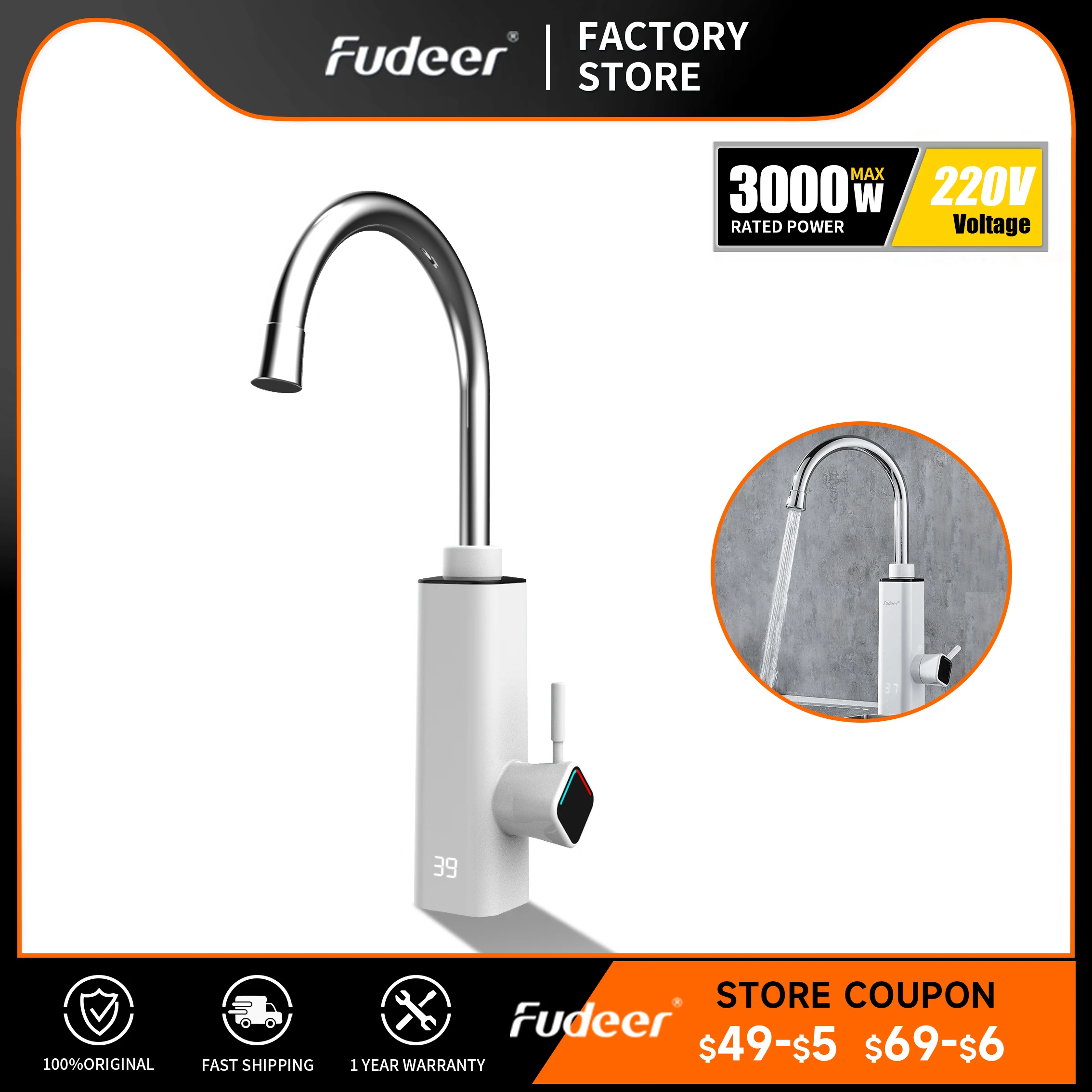 Fudeer Electric Water Heater Kitchen Faucet Tankless Heaters Kitchen Hot Water Tap 3000W Heating 3S Quick Heating
Fudeer Electric Water Heater Kitchen Faucet Tankless Heaters Kitchen Hot Water Tap 3000W Heating 3S Quick Heating