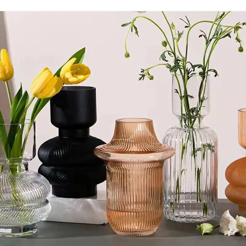 

Vertical Stripes Relief Transparent Glass Vase Hydroponics Vases for Flowers Flower Arrangement Desk Decoration Modern Decor