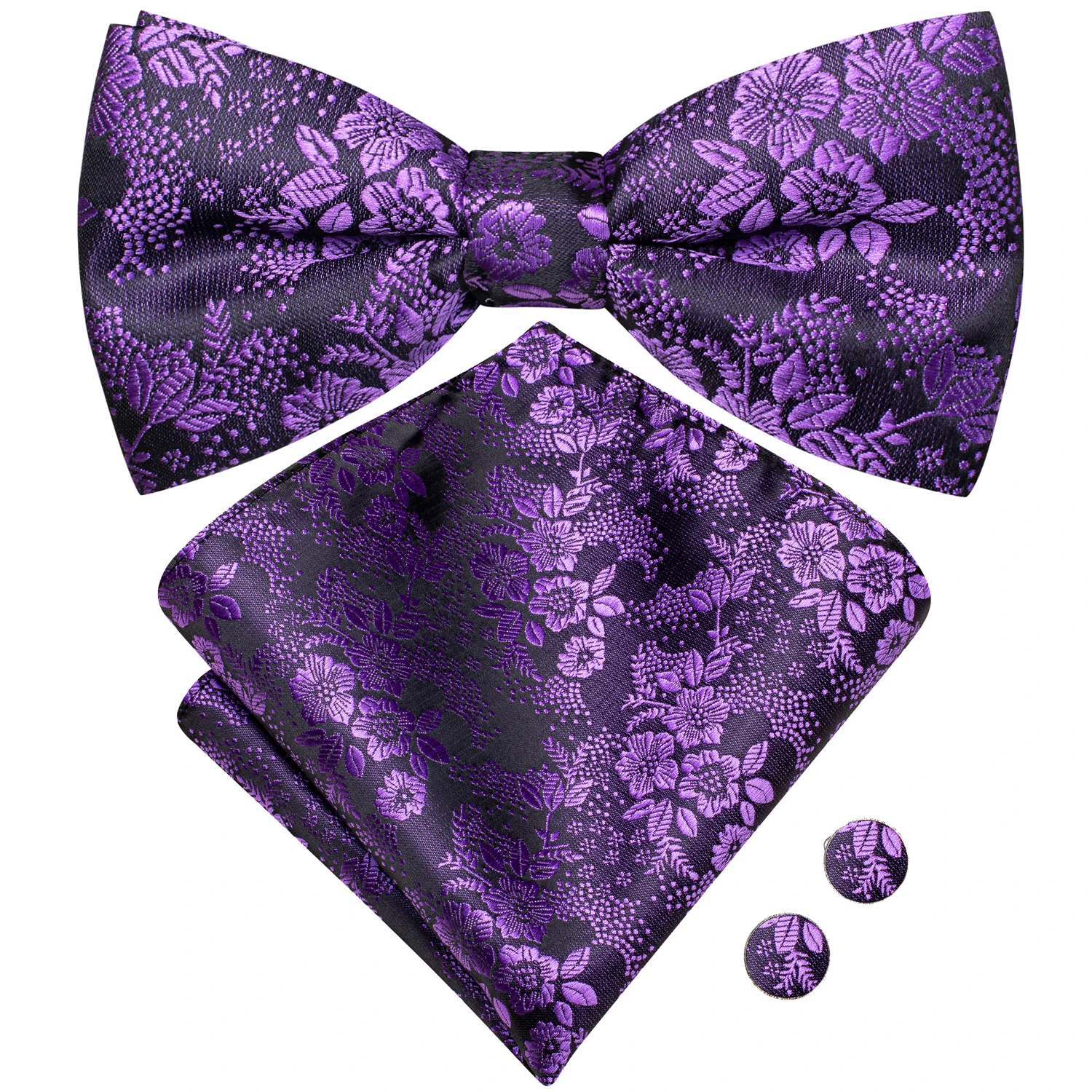 

Hi-Tie Purple Floral Mens Bow Tie Hankerchief Cufflinks Set Pre-tied Silk Butterfly Knot Bowtie for Male Wedding Business Party