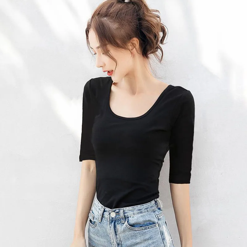 Casual Black White Mid-Sleeve T-Shirt for Women Korean Skinny Backless O-Neck Tops Female 2023 Summer Sexy Cotton Primer Shirt
Casual Black White Mid-Sleeve T-Shirt for Women Korean Skinny Backless O-Neck Tops Female 2023 Summer Sexy Cotton Primer Shirt