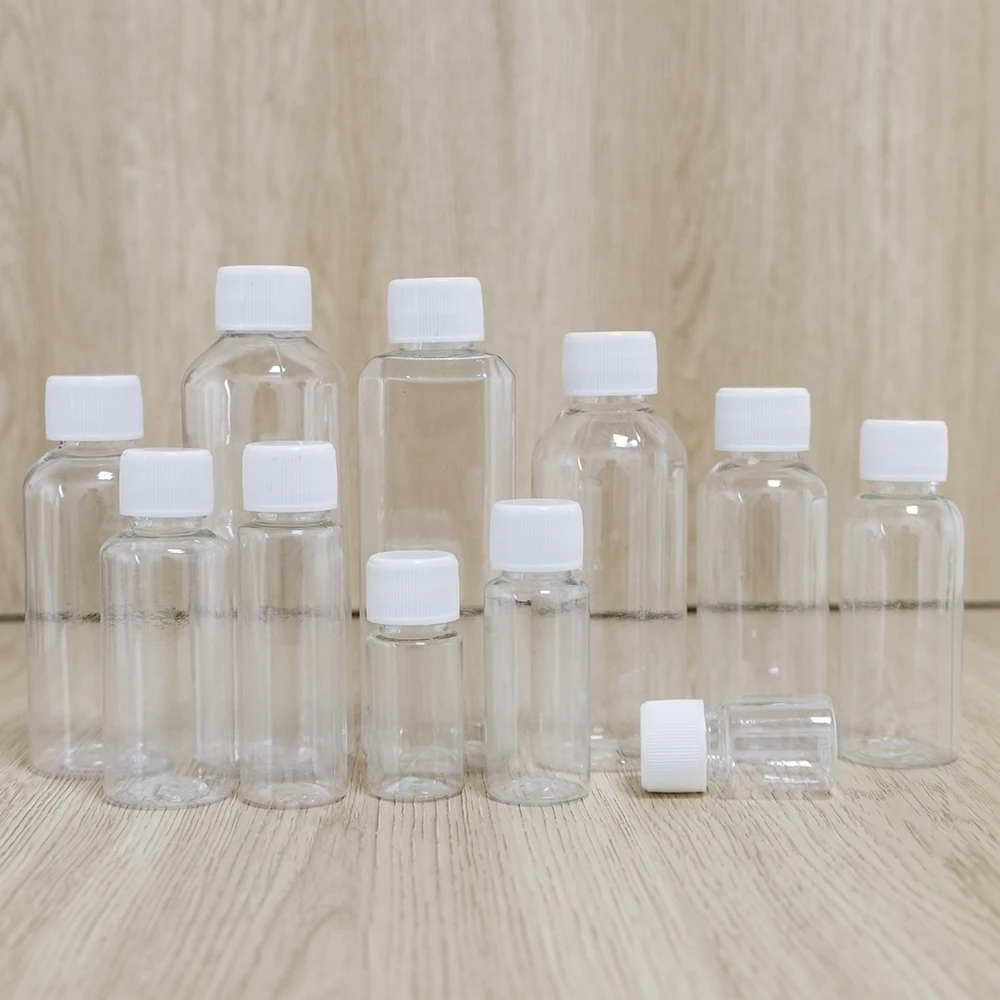 

100Pcs 5ml 10ml 20ml 30ml 50ml 80ml 100ml Refillable Bottles PET Clear Empty Seal Bottles Sample Containers Plastic Screw Cap