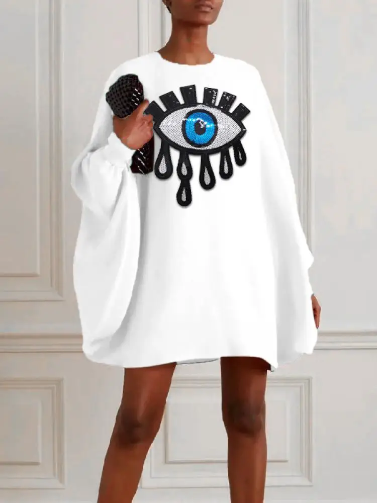 

Yeezzi 2023 Summer Spring Female Stylish Blue Eye Applique White Short Dress Long Batwing Sleeves Loose Mini Dresses For Women