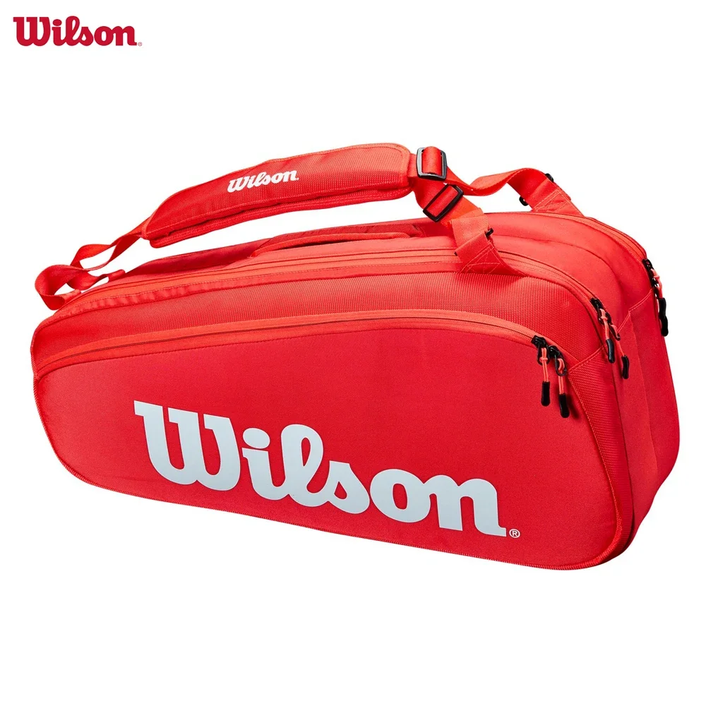 

Wilson 2023 Super Tour Pro Staff 6 Pack Fine-knit Coating Tennis Bag 3-Decks Racket Backpack Racquet Bag with Thermoguard Red