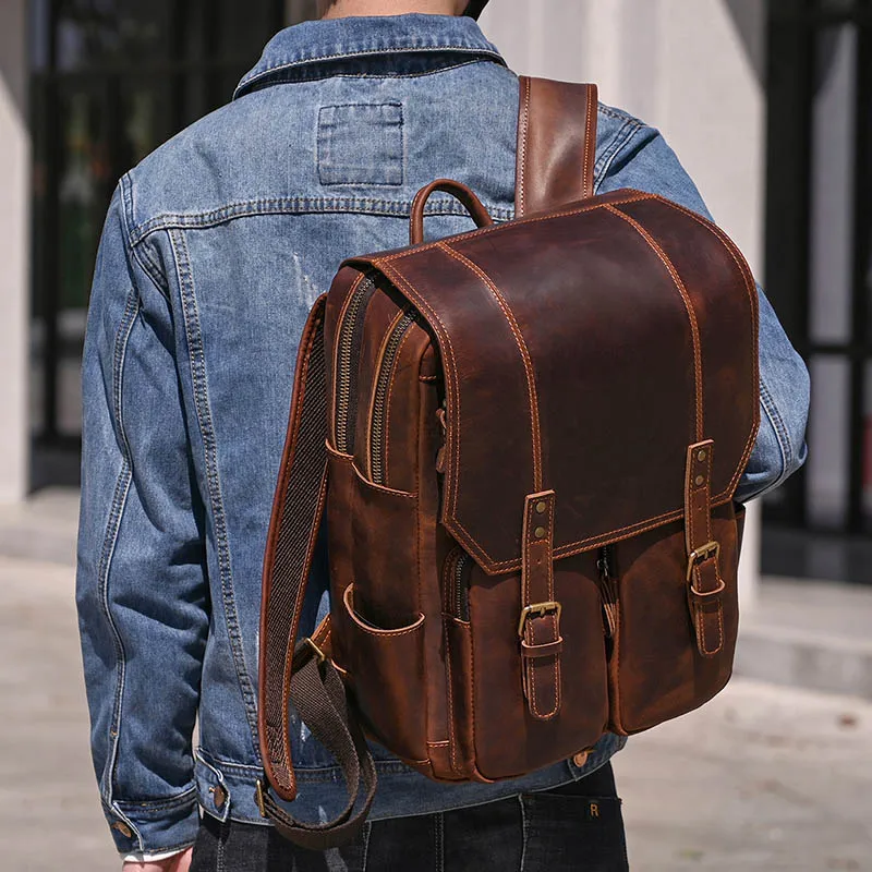 

Mens Backpack Crazy Horse Genuine Leather 15 inch PC Rucksack Big Capacity Daypack Men School Bags large Travel Backpack