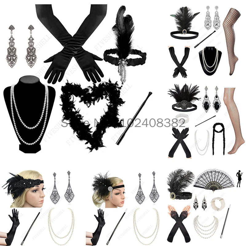 

Women Vintage Gatsby Feather Headband Flapper 1920s Costume Accessories Set Cigarette Holder Pearl Necklace Earring Gloves Set