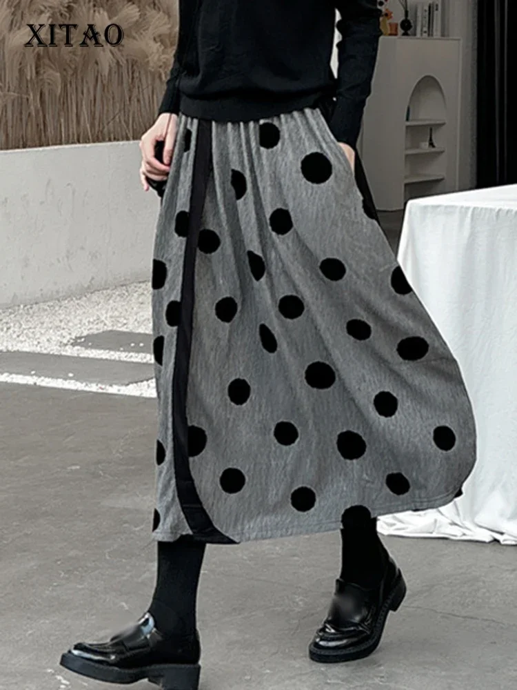 

XITAO Свободная Повседневная трапециевидная юбка с эластичной резинкой на талии, плиссированная, модная, в горошек, необычная, 2023, осенняя женская новая Универсальная юбка DMJ3122