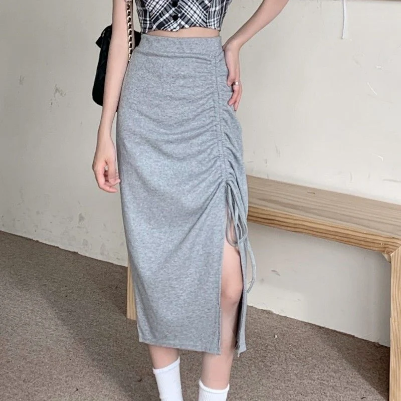 

Summer New Solid Color Fashion Elastic Waist A-line Skirt Women High Street Slim Drawstring Pleated Asymmetrical Hip Wrap Skirt