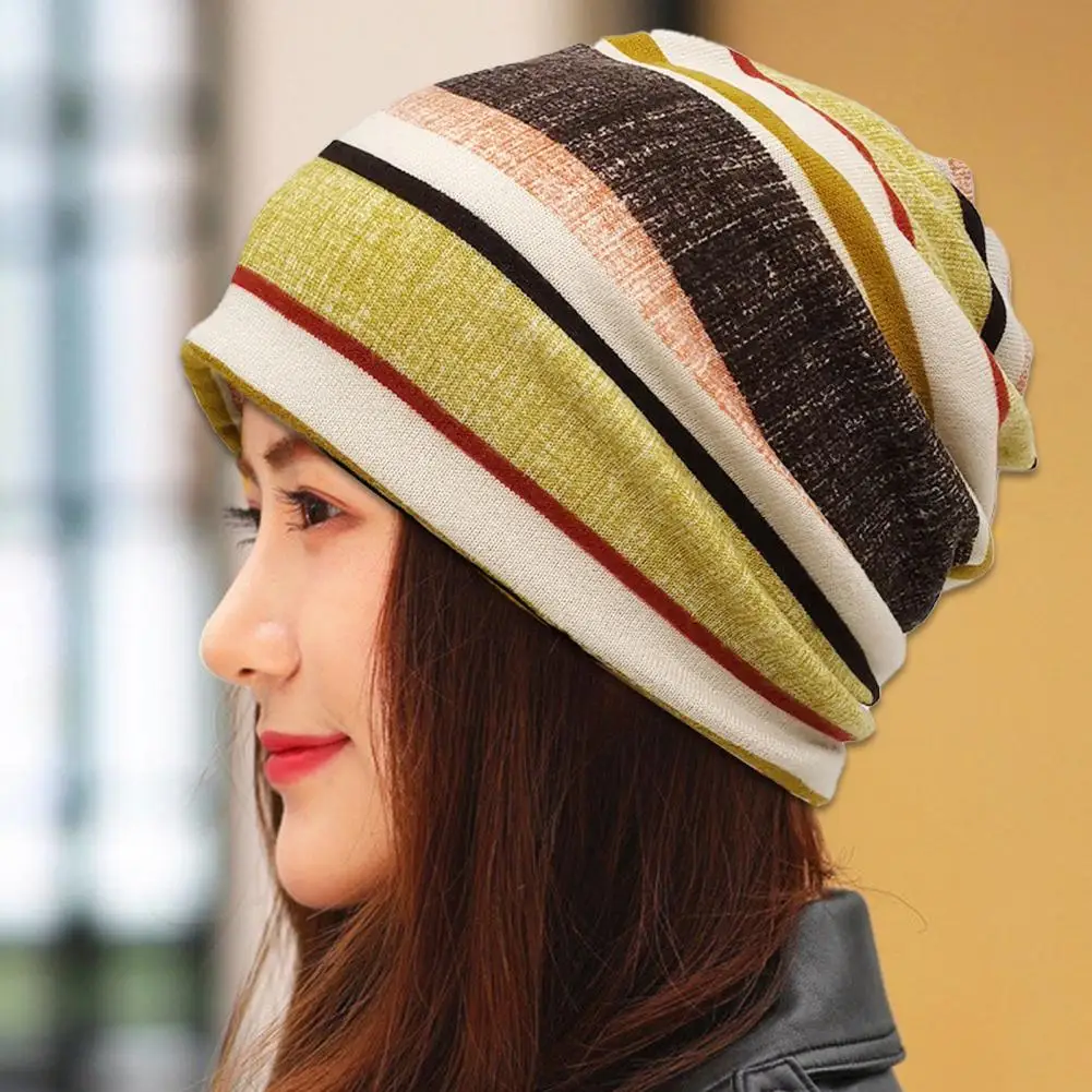 

Windproof Beanie Elastic Knit Hat Unisex Winter Striped Patchwork Color Pile Hat for Outdoor Skiing Cycling Men Women Soft