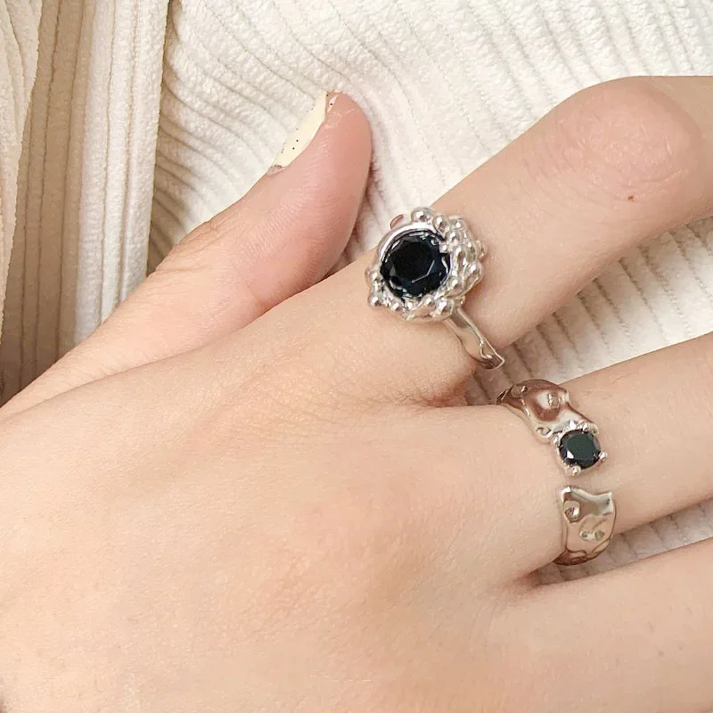 

925 Sterling Silver Black Zircon Liquid Lava Ring for Women Girl Party Gift Texture Simple Fashion Cool Jewelry Dropshipping