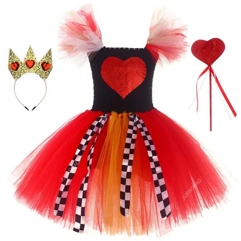 

Red Heart Queen Dress for Girls Halloween Cosplay Costumes for Kids Girl Alice Princess Tutus Outfit with Crown Wand Clothes Set