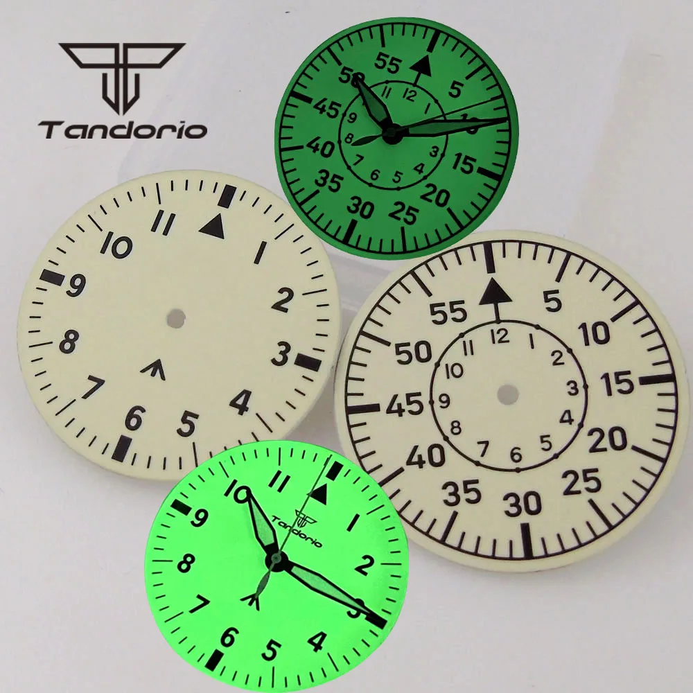 

33.5mm Creamy Pilot Watch Dial Face Arabic Markers Hands Set Full Green Luminous Fit NH35 NH36 ETA2824 PT5000 Automatic Movement