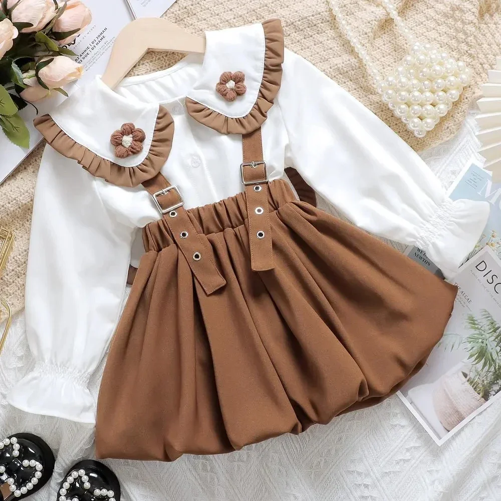 

2-Pieces Girls Skirt Suit Cute Girls Doll Collar Top+Suspenders Tutu Skirts 1-8 Years Old Children Princess Dress Party Clothes
