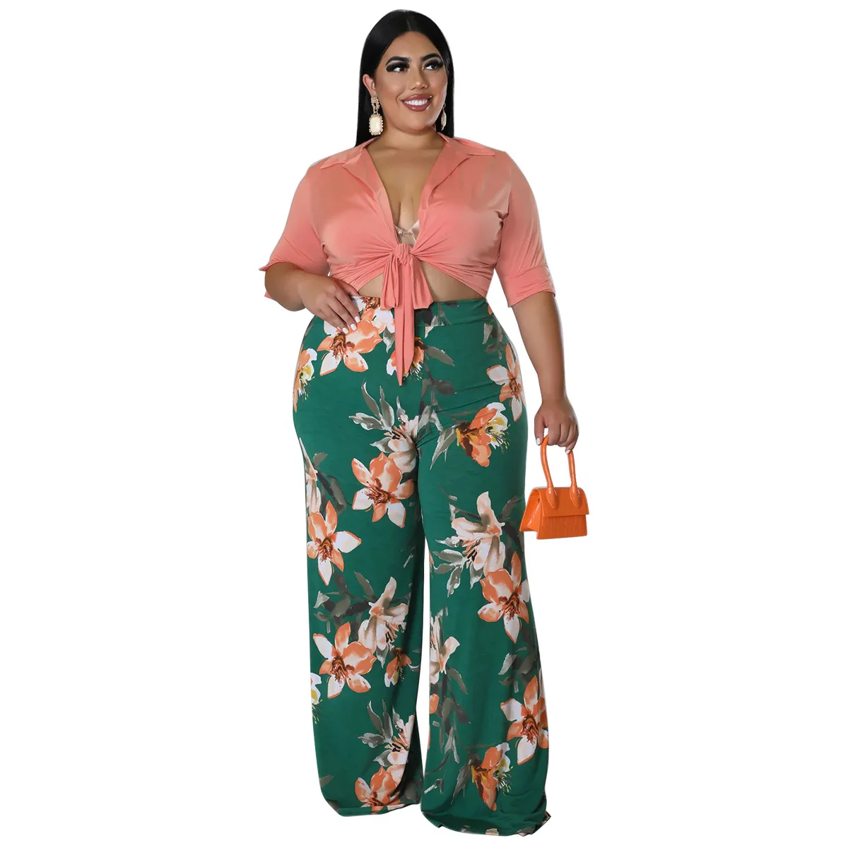 Plus Size Women Sets Solid Bandage Shirts And Floral Print Pants 2023 Summer Two Piece Sets Fashion V Neck Wholesale Clothes
Plus Size Women Sets Solid Bandage Shirts And Floral Print Pants 2023 Summer Two Piece Sets Fashion V Neck Wholesale Clothes