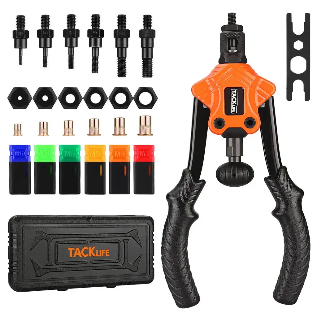 TACKLIFE Rivet Nut Tool 11“ Rivet Gun Rivet Nut Tool Reamer 3 In 1 Set Including 50Pcs Rivets 60Pcs Nuts
TACKLIFE Rivet Nut Tool 11“ Rivet Gun Rivet Nut Tool Reamer 3 In 1 Set Including 50Pcs Rivets 60Pcs Nuts