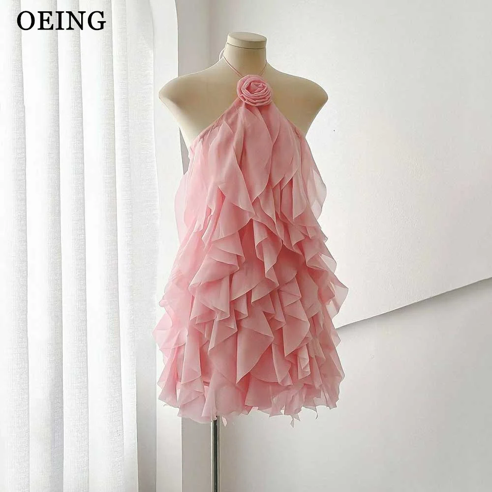 

OEING Sexy Pink Mini Prom Dresses Simple Ruffles Chiffon Evening Party Dress Special Occasion Short Event Gowns Summer Cocktail