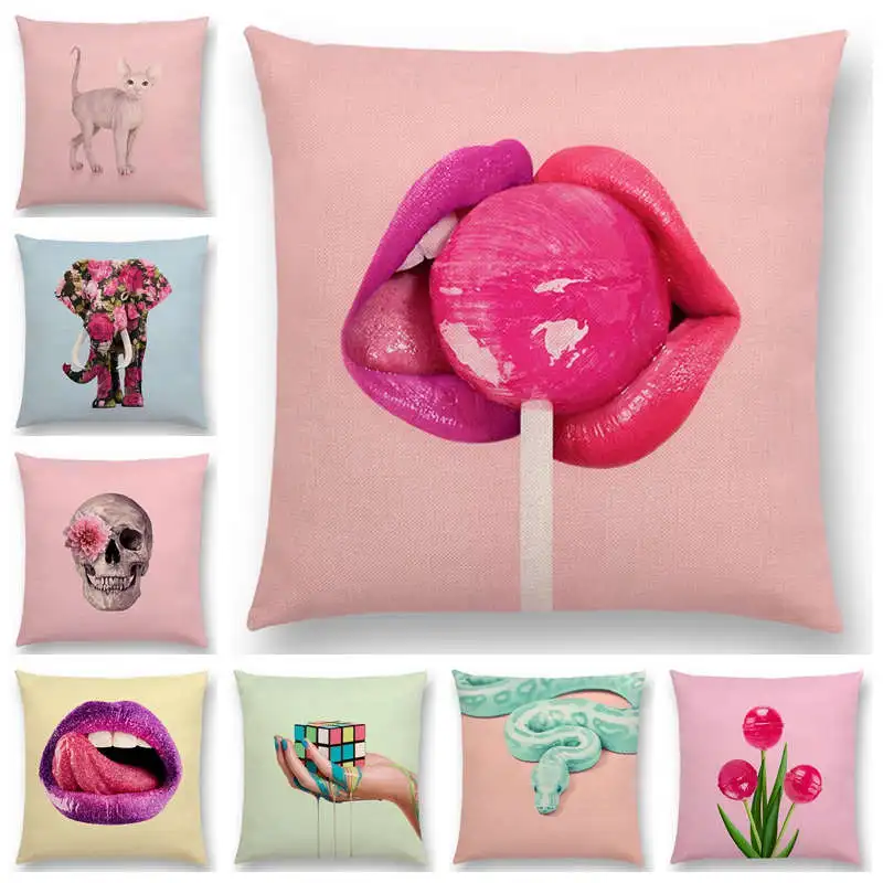 

Pink Dream Decor Sofa Pillow Case Colorful Fantasy Sexy Color Party Pigment World Lips Lollipop Cube Cat Snake Cushion Cover