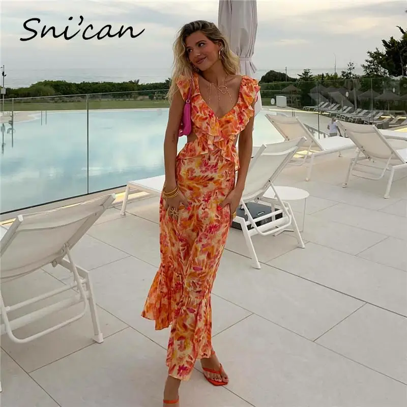 Orange Floral Print Sexy Dress Women Fashion V Neck Hollow Out Waist Ruffles Oversize Loose Long Dresses Casual Holiday Robe New
Orange Floral Print Sexy Dress Women Fashion V Neck Hollow Out Waist Ruffles Oversize Loose Long Dresses Casual Holiday Robe New