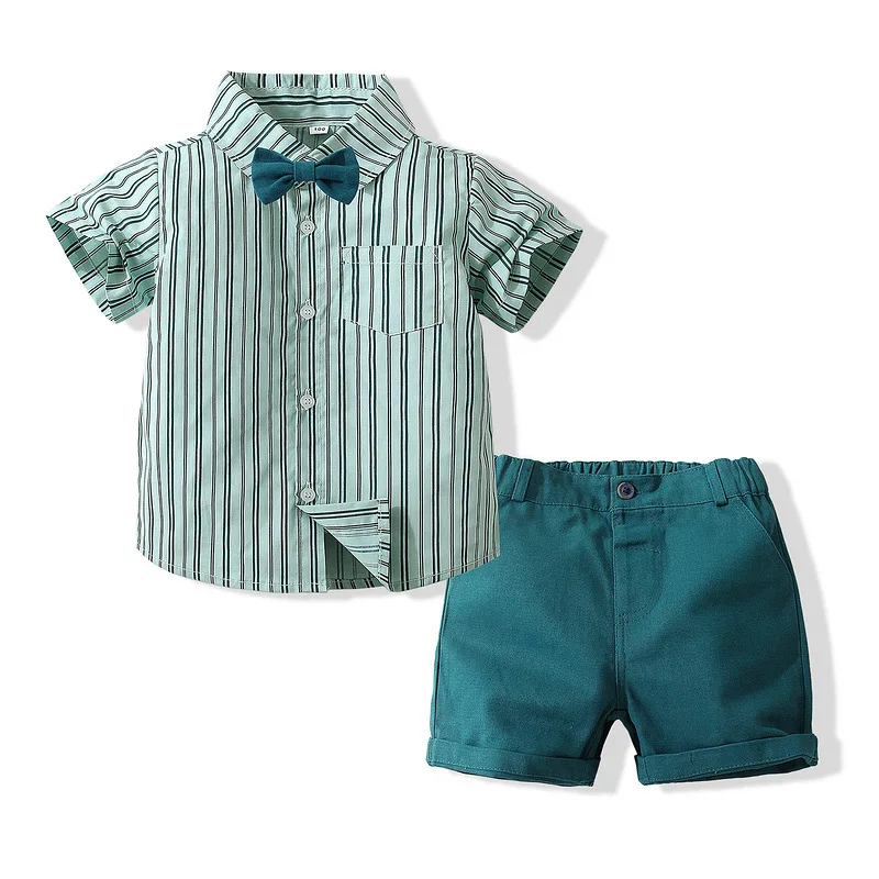 

2Piece Summer Baby Clothes Boys Casual Fashion Gentleman Stripe Short Sleeve T-shirt+Shorts Boutique Kids Clothing Set BC2190