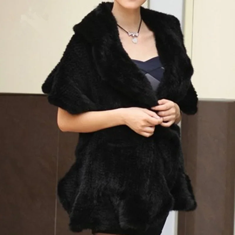 

winter knitted real mink fur coat import ruffled mink poncho shawl women's fashion natural fur warp black fur coat