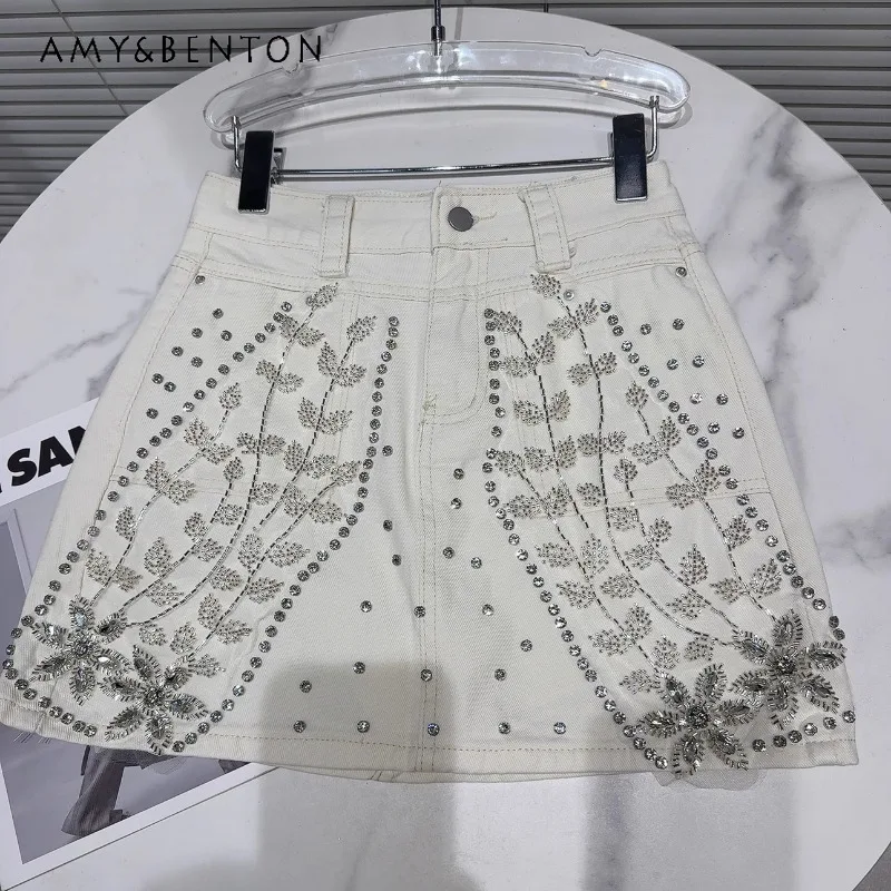 

2024 Summer New Fashion Mini Skirts Embroidered Leaves Heavy Industry Net Yarn Stitching Short Denim Skirt For Women's Clothes