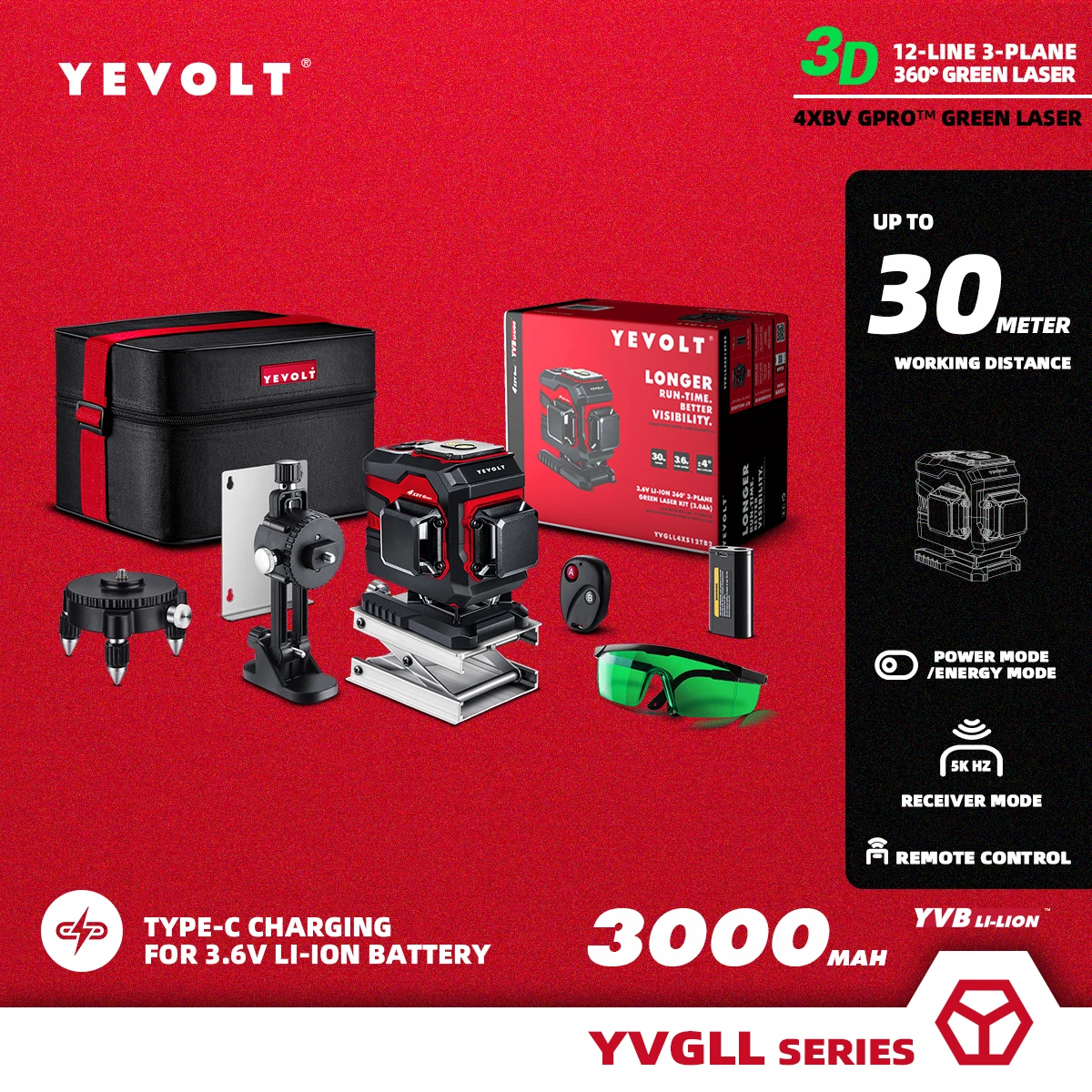 

YEVOLT YVGLL4XS12TB2 3-Plane Green Beam Laser Level Kit 360 3D 12-Line 3000mAh 3.6V Battery Ground Self-Leveling Measuring Tools