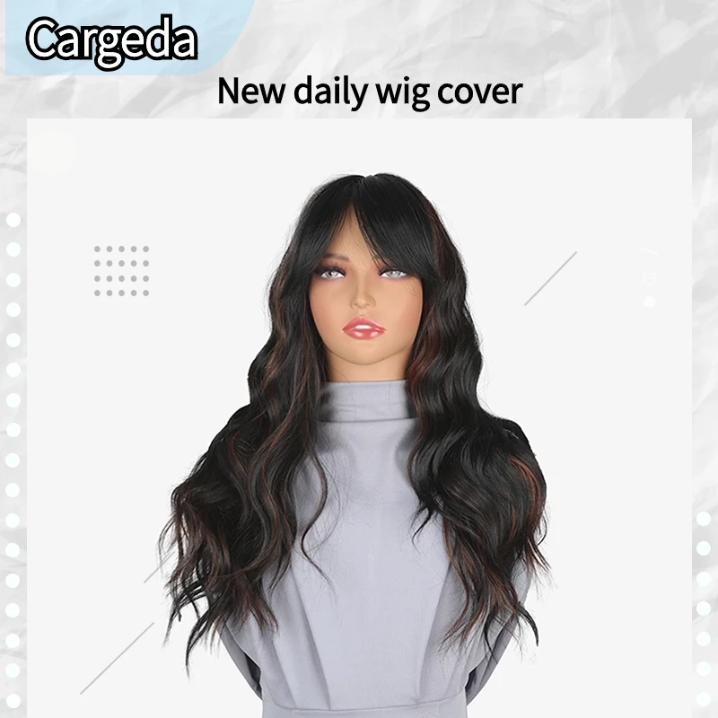 

Wig Women Wig Eight-character Bangs Big Wave Long Curly Wig Brown Black Highlights High Temperature Silk Natural Full Head Cover