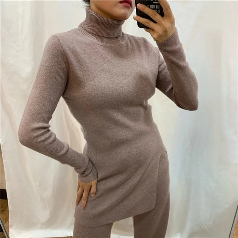 2022 Wool Promotion Cashmere Temperament High Neck Waist Trimming Solid Color Split Sweater And Wide Legs Pants 2 Piece Set |