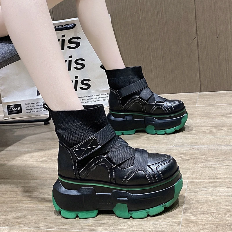 

Женские массивные кроссовки, удобная обувь на танкетке со скрытым каблуком, высокие кожаные повседневные туфли-носки на платформе