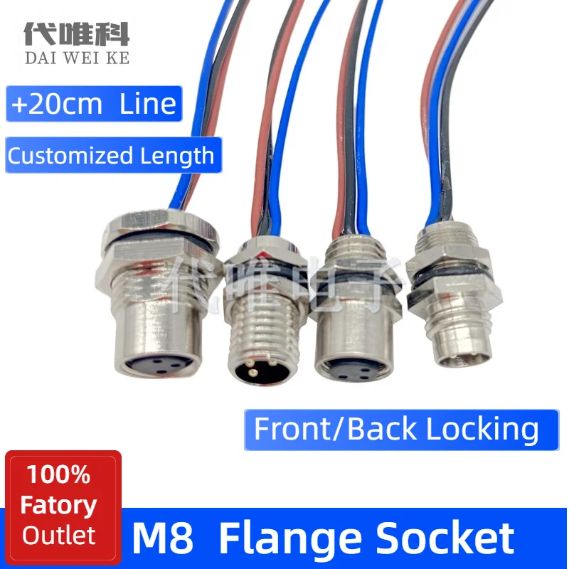 M8 Panel Mount Bulkhead Sensor Connector Flange Socket Soldering 20cm Weld/Glue wire Male&Female High-flexible Sollar 34568P
M8 Panel Mount Bulkhead Sensor Connector Flange Socket Soldering 20cm Weld/Glue wire Male&Female High-flexible Sollar 34568P