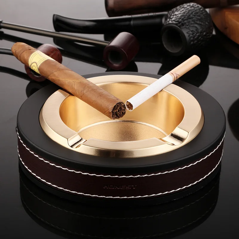 

Luxury Oval Golden & Silver Cigar Ashtray Leather Metal Ashtrays Smoking Office Table Accessories