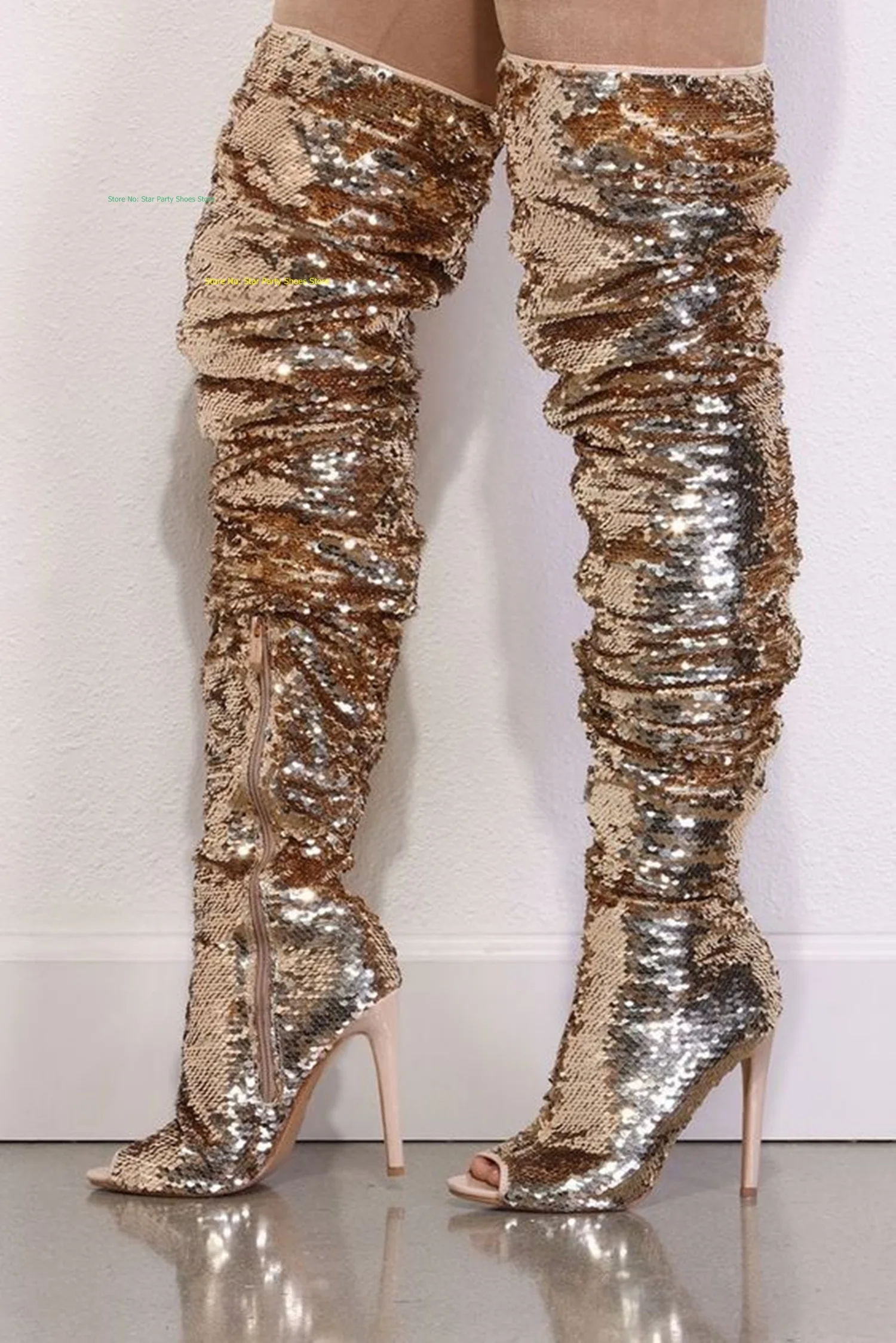 

Woman Bling Sequined Stiletto Heel Long Boots Lady Peep Toe Side Zipper Gold Black Over The Knee Sandal Boots