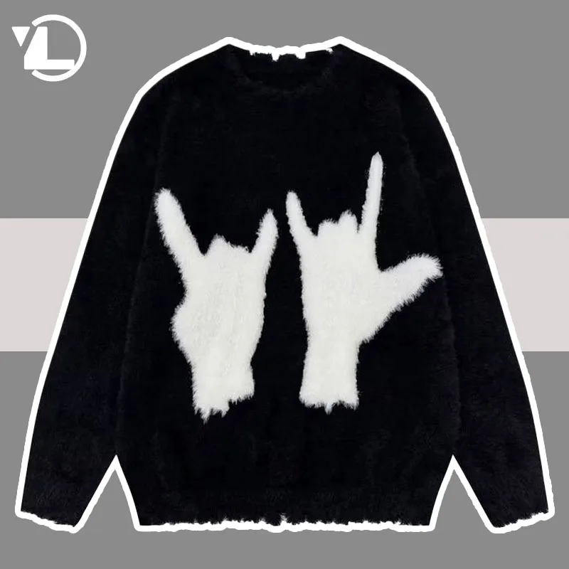Vintage Knitted Sweater Men Women Gesture Pattern Loose Mohair Jumpers Unisex High Street Autumn Winter Hip Hop Pullovers New
Vintage Knitted Sweater Men Women Gesture Pattern Loose Mohair Jumpers Unisex High Street Autumn Winter Hip Hop Pullovers New