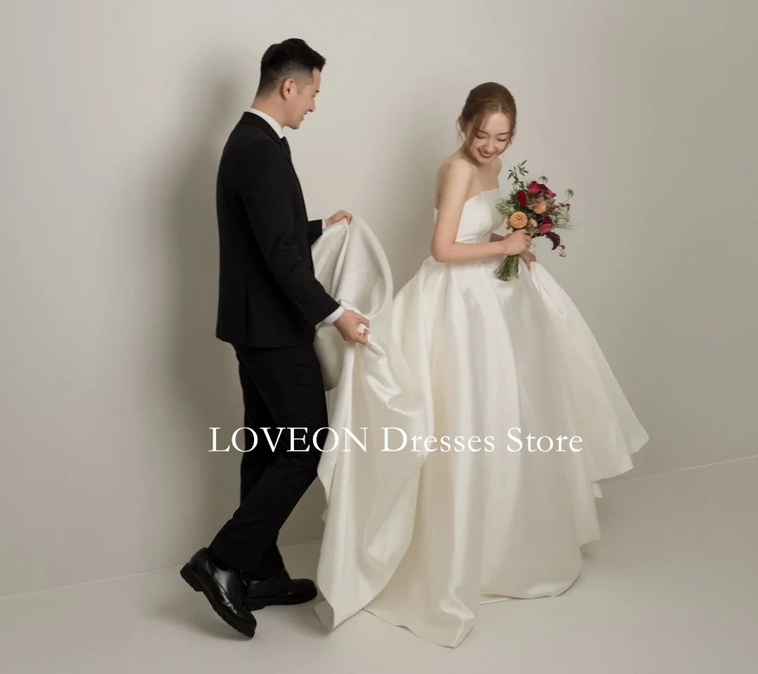 

GIOIO Strapless Wedding Dresses Floor Length 프롬드레스 Korea Satin Ruched Croset A-Line Pretty Ivory Bride Gowns Party Women Bride