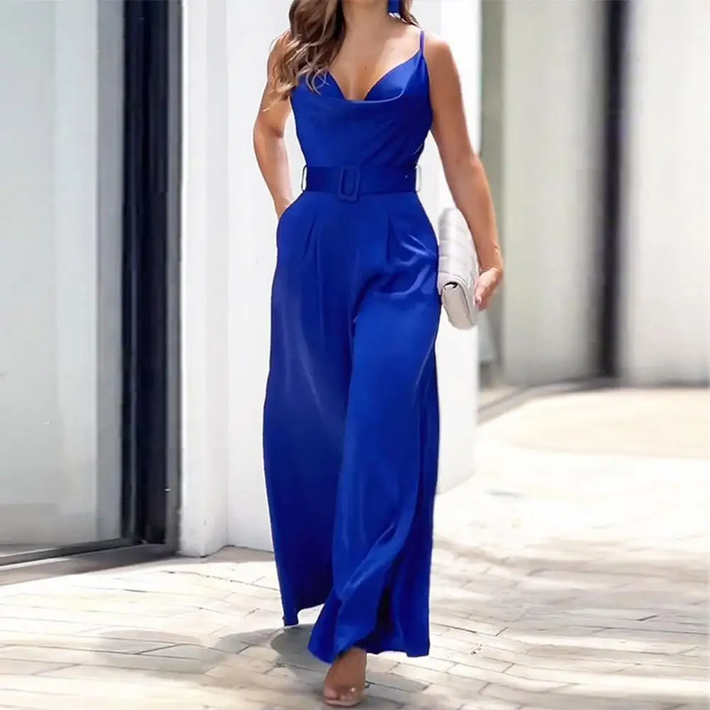 

Women Wide-leg Jumpsuit Elegant Backless V Neck Jumpsuit with Adjustable Straps High Waist Belted Wide Leg Pants Pure for Women