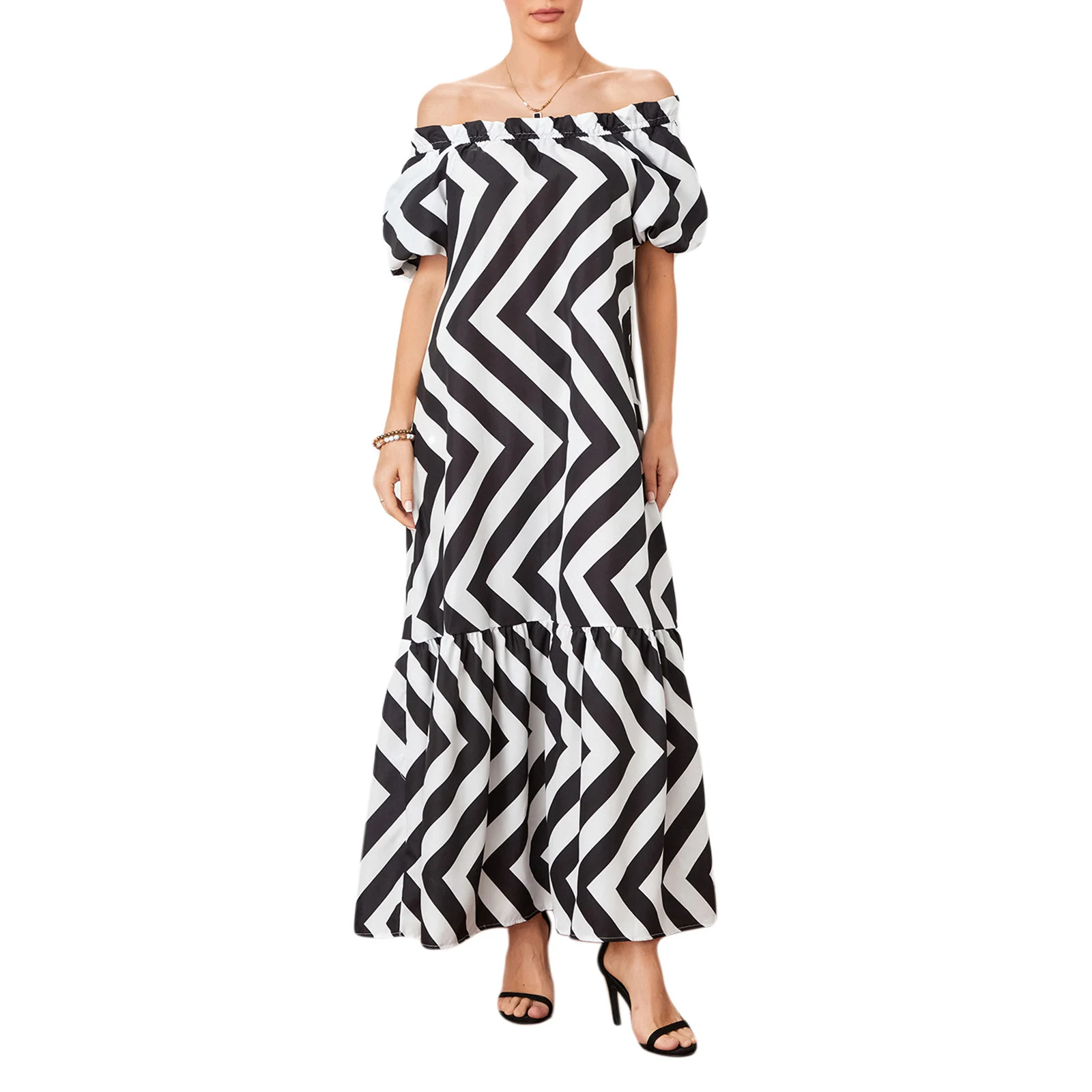

Women's Off Shoulder Long Dress Bohemian Puff Sleeve Wavy Striped Print Flowy Dress Summer Vacation Dress