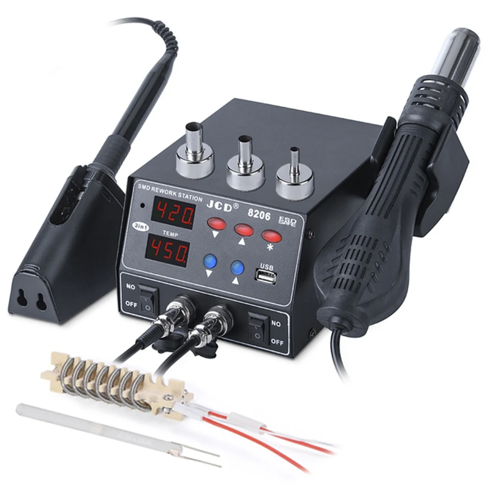 JCD Soldering Station Heat Gun 8206 800W Quick Heat 3 in 1 SMD USB Interface LED Display Solder Iron BGA Rework Welding Tools
JCD Soldering Station Heat Gun 8206 800W Quick Heat 3 in 1 SMD USB Interface LED Display Solder Iron BGA Rework Welding Tools