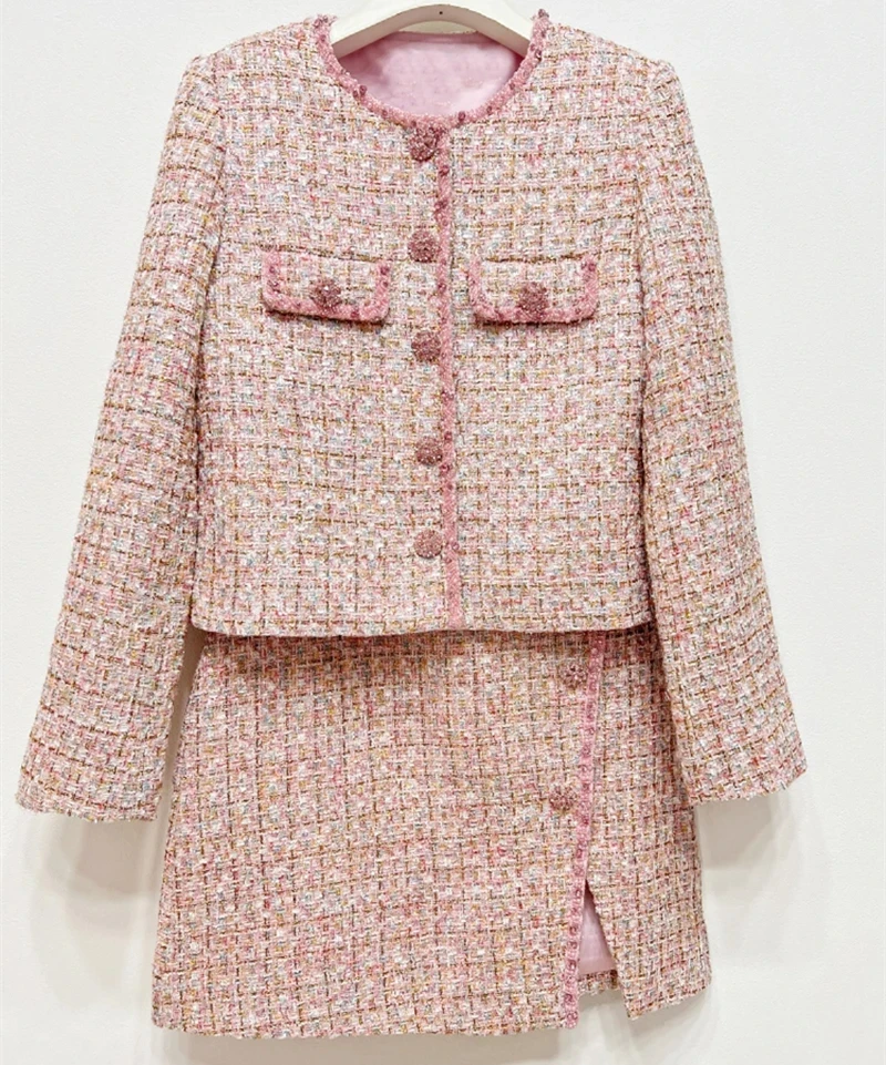 

EVACANDIS Pink Color Tweed AW New Arrive Women Two Pieces Sets Round Neck Coat + Slip Mini Dress With Sequins And Diamonds