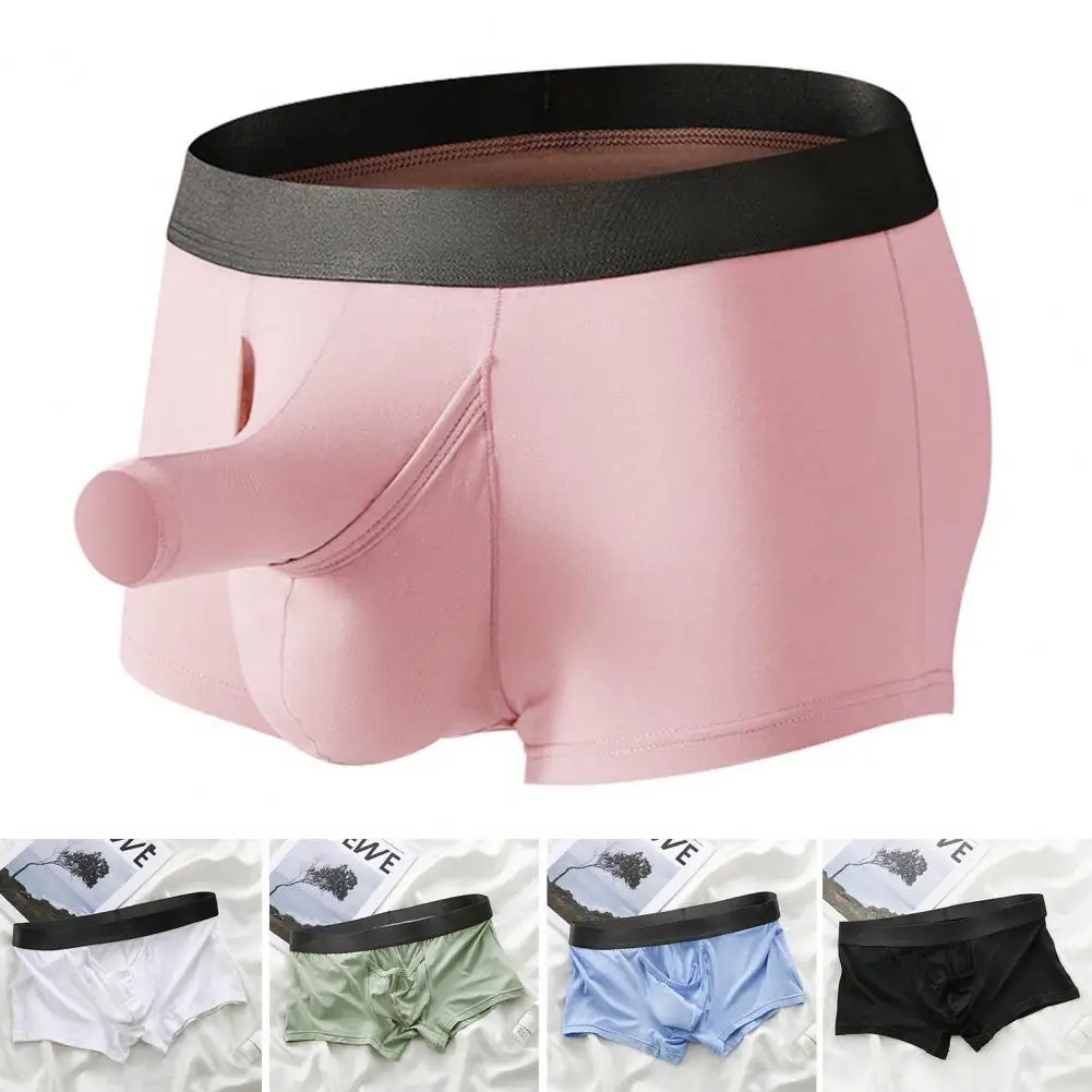 

Mid-Rise Elastic Waistline Men Panties Simple Patchwork Color U Convex Shorts Briefs Boxer Brief Open Elephant Nose Bamboo Fiber