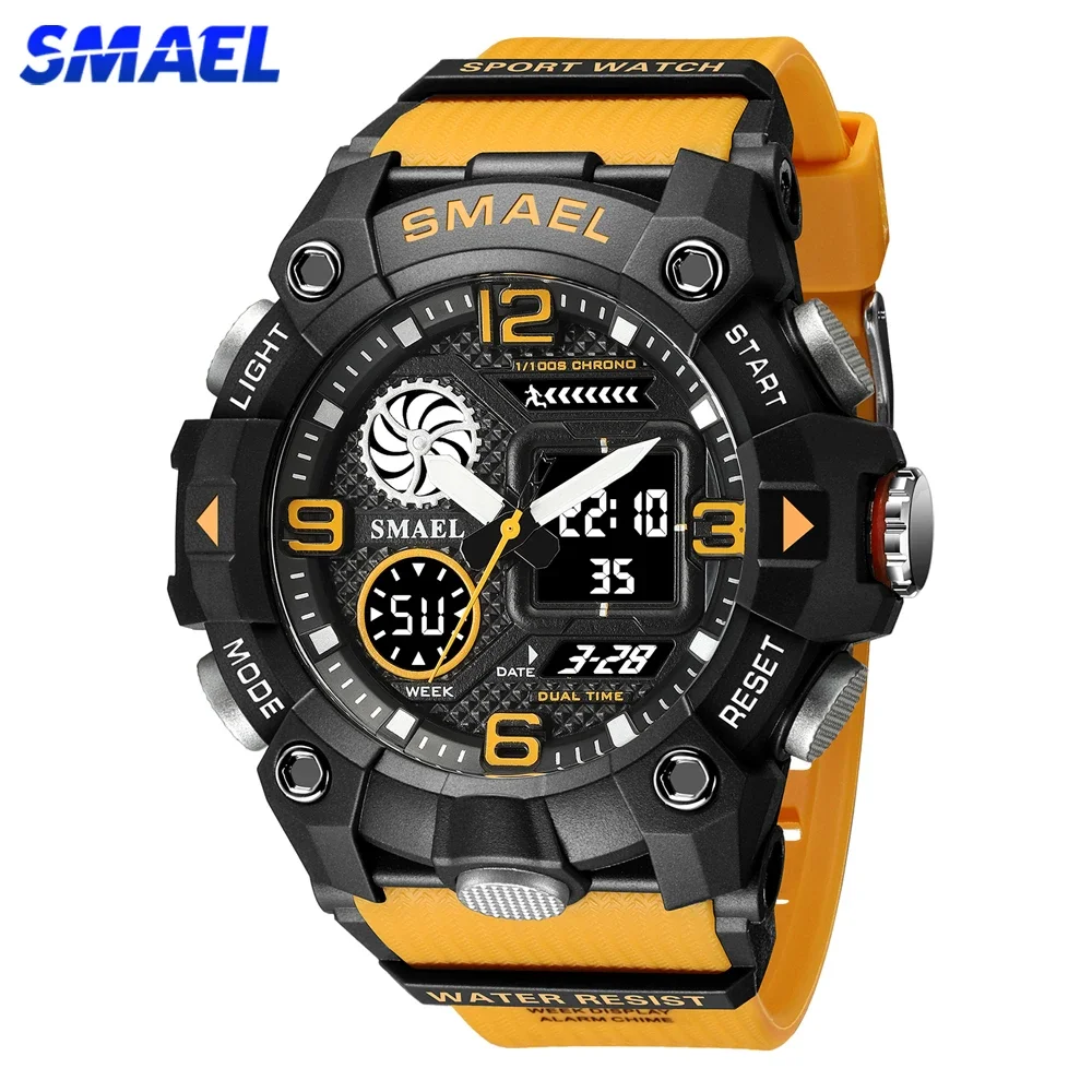 

Мужские кварцевые часы с двумя дисплеями SMAEL, оранжевые повседневные спортивные часы с цифровым ремешком из искусственной кожи, наручные часы для мужчин