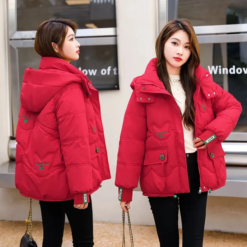 

Women Down Cotton Coat Casual Hooded Winter Jacket 2024 New Puffer Parkas Glossy Embroidery Cotton-padded Coat Snow Wear Outwear