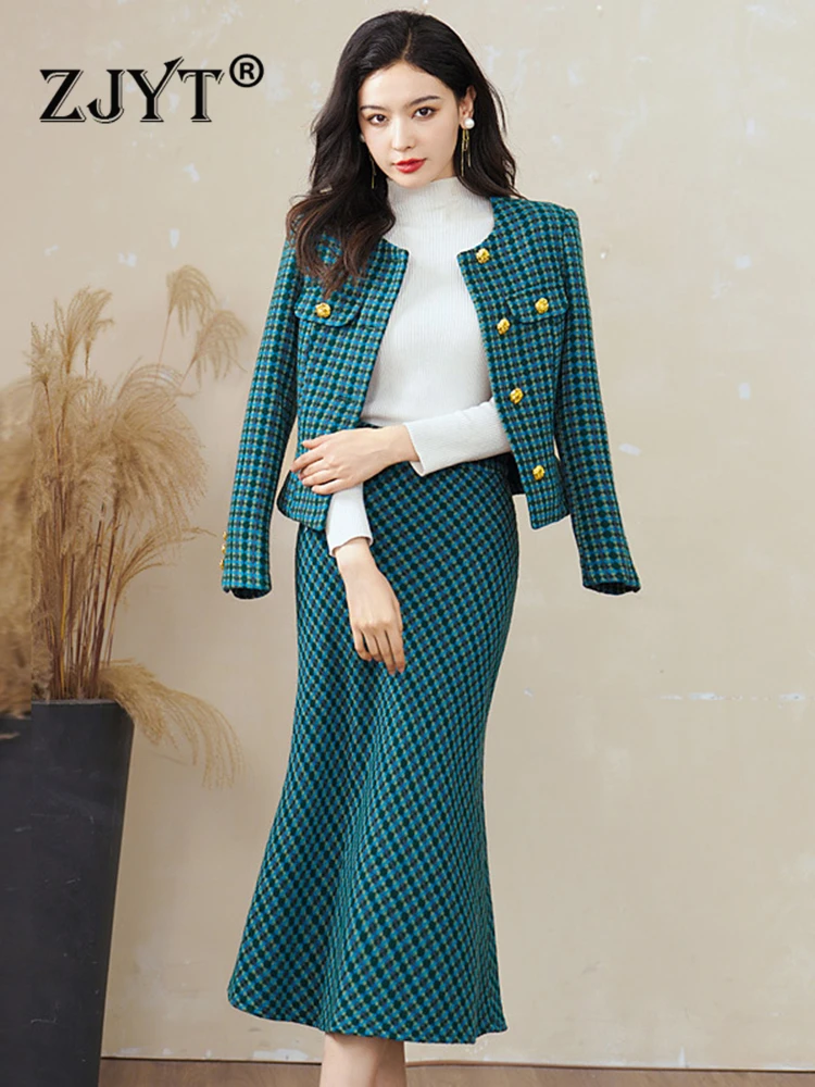 

ZJYT Fashion Vintage Tweed Woolen Jacket and Skirt Suit 2 Piece for Women Winter Party Outfit Office Lady Long Sleeve Dress Sets