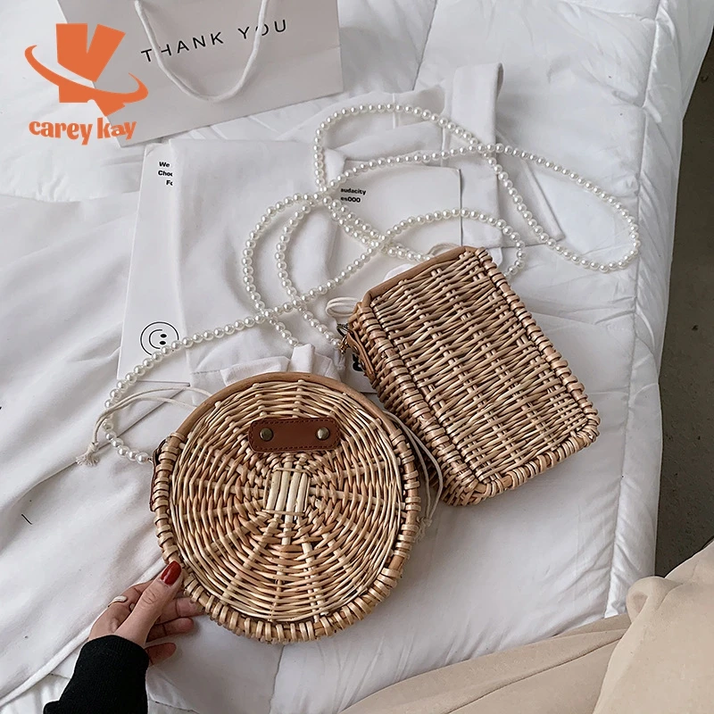 

CAREY KAY Fashion Pearl Women Straw Small Bag Summer 2022 New Chain Woven Handbag Rattan Bohemia Beach Shoulder Messenger Bags