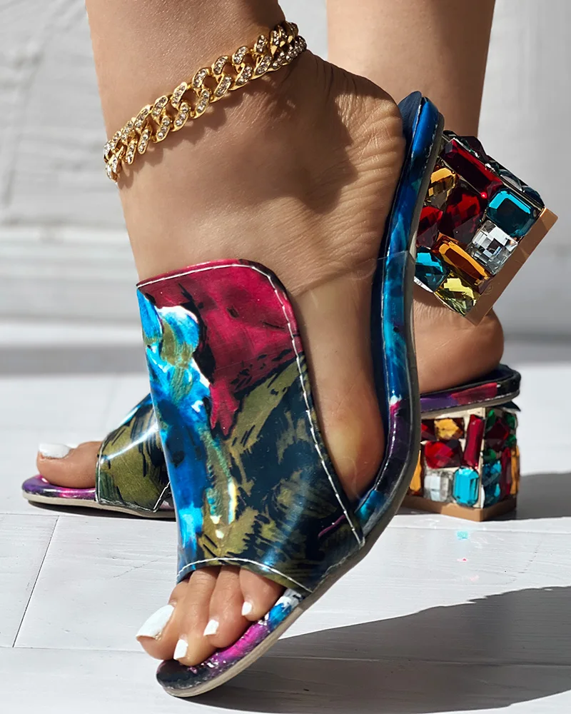 

Women Fashion Casual Shoes Low Heel Sandals Colorblock Croc Embossed Rhinestone Chunky Heels