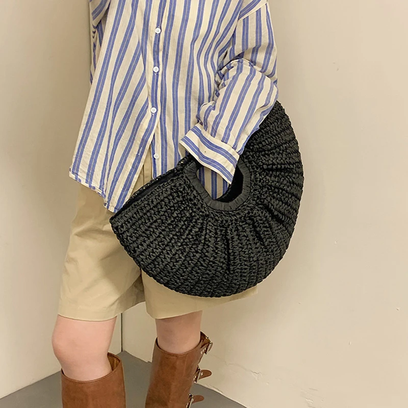 Half-Moon Woven Straw Handbag - Wooden Handle Beach Shopping Basket 2 Sd7cb46fdfb7f448493f7ea8384c0110fd