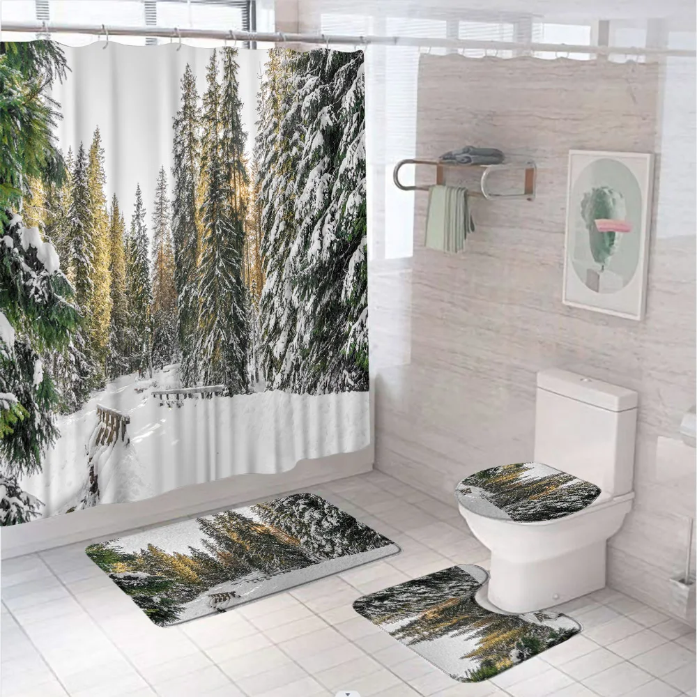 

Winter Woodland Snow Shower Curtain Set Pine Tree Forest Snowy Mountain Bathroom Curtains Non Slip Bath Mat Rug Lid Toilet Cover