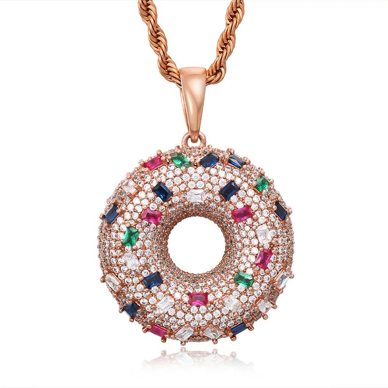

Hip Hop 5A+ Cubic Zirconia Bling Iced Out Donut Pendants Necklace for Women Men Unisex Rapper Jewelry Gold Silver Color