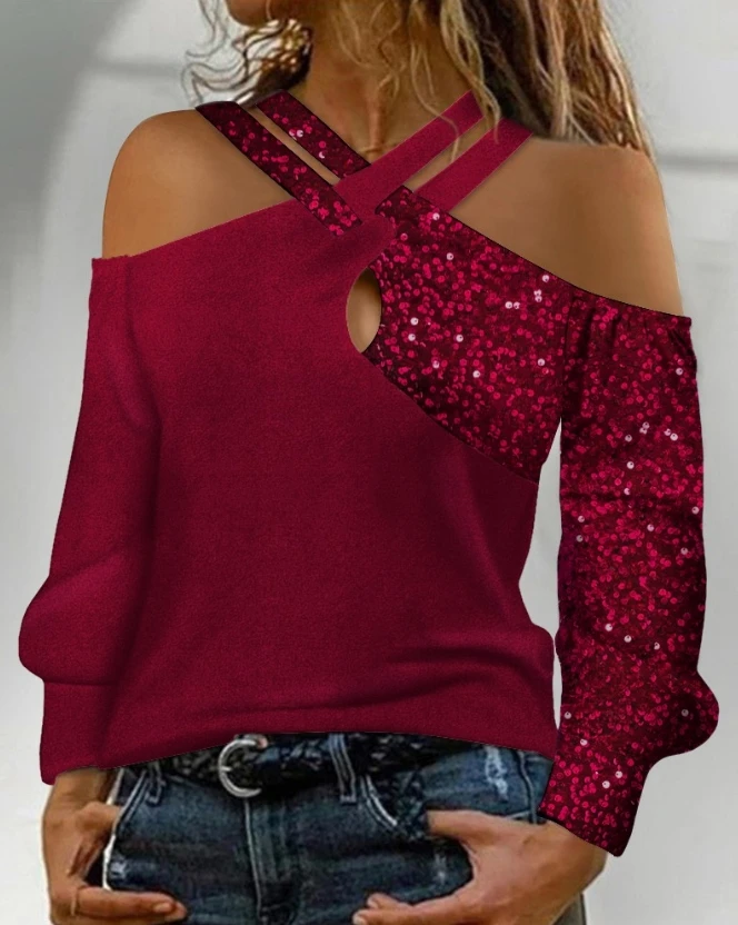 

Fashion Woman Blouse Spring Contrast Sequin Cold Shoulder Criss Cross Casual Plain Long Sleeve Daily Tee Top Y2K Clothes