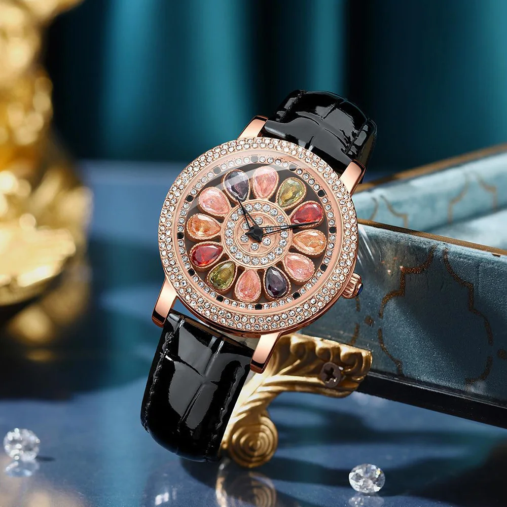 

Fashion Brand Diamond Women's Creative Watche Luxury Rotatable Gemstone Dial Leather Strap Clock Ladies Gift Quartz Wristwatch